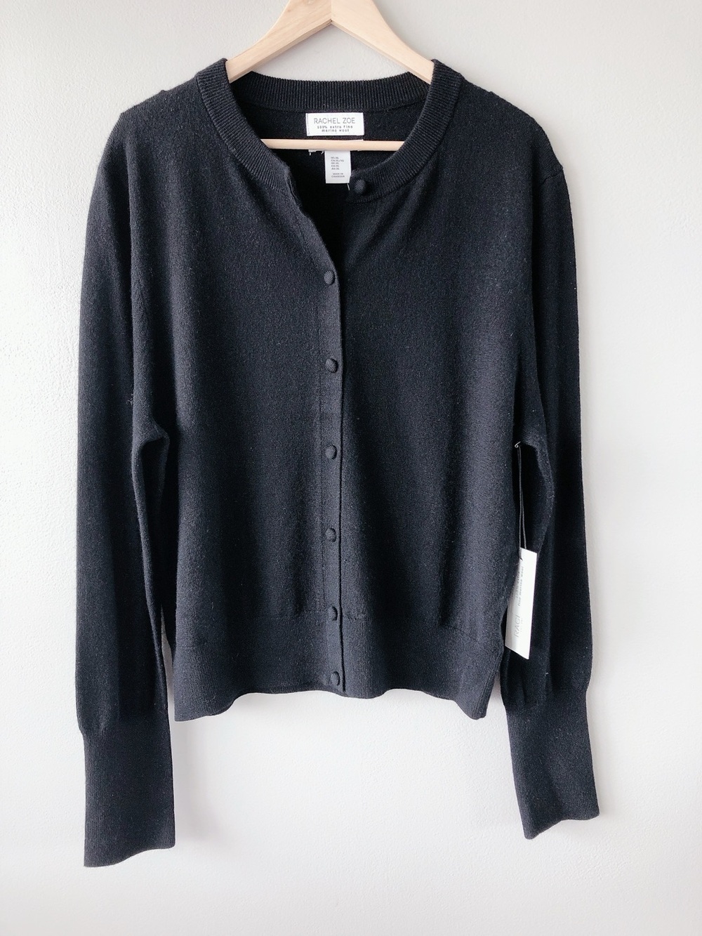 Rachel Zoe 100% extra fine merino wool  Black Button-Up Crewneck Cardigan XL